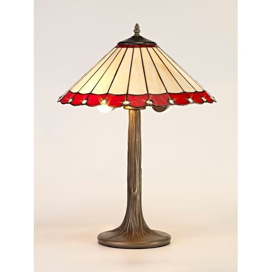 Una 2 Light Tree Like Table Lamp E27 With 40cm Tiffany Shade, Red/Cream/Crystal/Aged Antique Brass