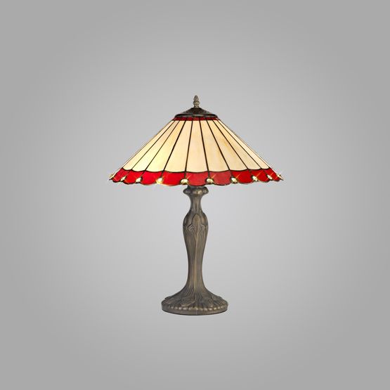 Una 2 Light Curved Table Lamp E27 With 40cm Tiffany Shade, Red/Cream/Crystal/Aged Antique Brass