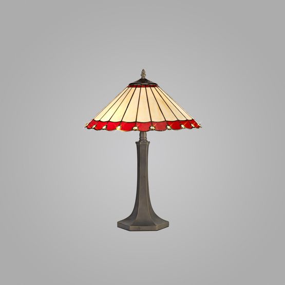 Una 2 Light Octagonal Table Lamp E27 With 40cm Tiffany Shade, Red/Cream/Crystal/Aged Antique Brass