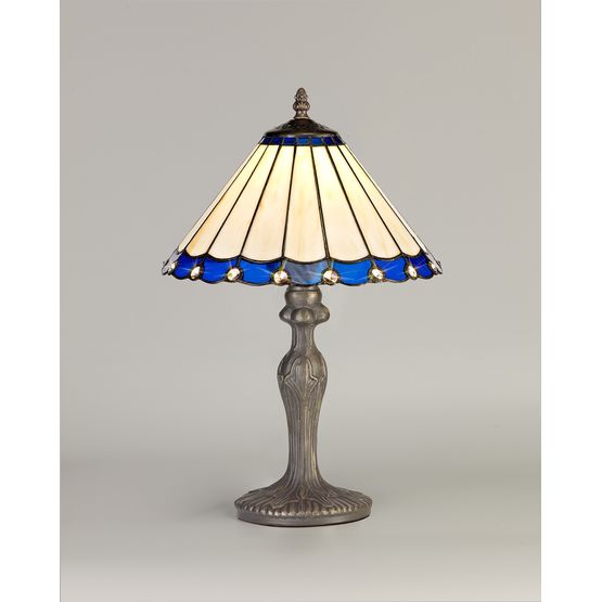 Una 1 Light Curved Table Lamp E27 With 30cm Tiffany Shade, Blue/Cream/Crystal/Aged Antique Brass
