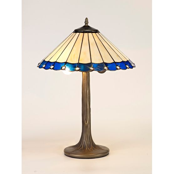 Una 2 Light Tree Like Table Lamp E27 With 40cm Tiffany Shade, Blue/Cream/Crystal/Aged Antique Brass