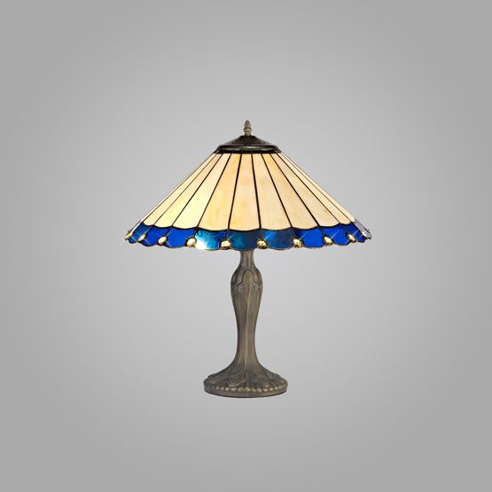 Una 2 Light Curved Table Lamp E27 With 40cm Tiffany Shade, Blue/Cream/Crystal/Aged Antique Brass