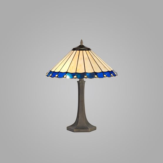 Una 2 Light Octagonal Table Lamp E27 With 40cm Tiffany Shade, Blue/Cream/Crystal/Aged Antique Brass