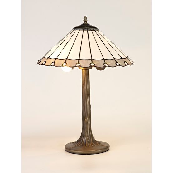 Una 2 Light Tree Like Table Lamp E27 With 40cm Tiffany Shade, Grey/Cream/Crystal/Aged Antique Brass
