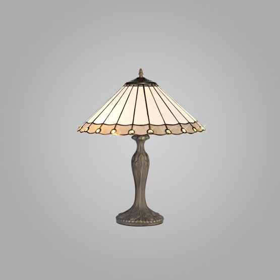 Una 2 Light Curved Table Lamp E27 With 40cm Tiffany Shade, Grey/Cream/Crystal/Aged Antique Brass