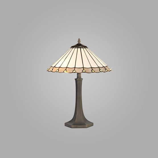 Una 2 Light Octagonal Table Lamp E27 With 40cm Tiffany Shade, Grey/Cream/Crystal/Aged Antique Brass