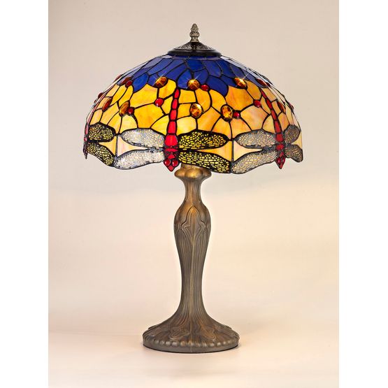 Haze 2 Light Curved Table Lamp E27 With 40cm Tiffany Shade, Blue/Orange/Crystal/Aged Antique Brass