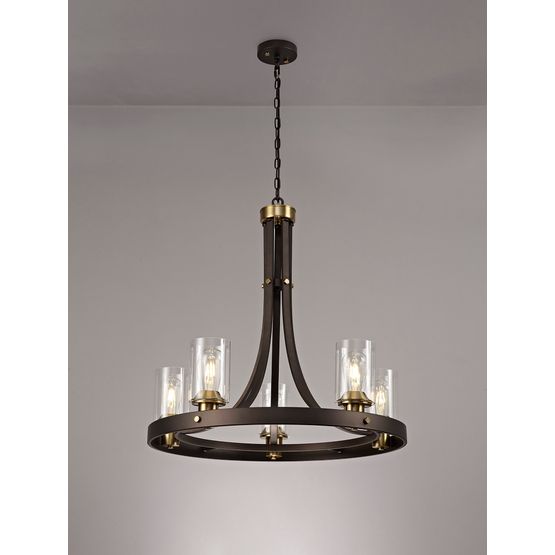 Mira Pendant 5 Light E27, Brown Oxide/Bronze With Clear Glass Shades