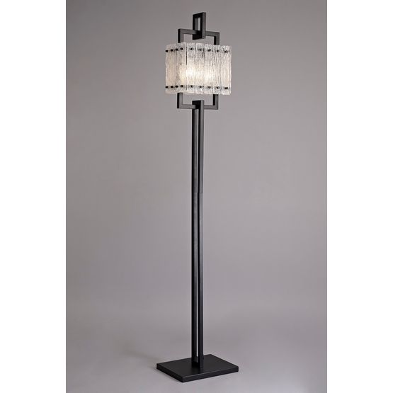 Selena Floor Lamp, 2 Light E27, Matt Black/Crystal Sand Glass