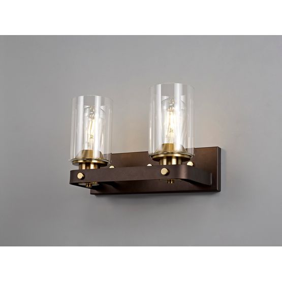 Mira Wall Lamp 2 Light E27, Brown Oxide/Bronze With Clear Glass Shades