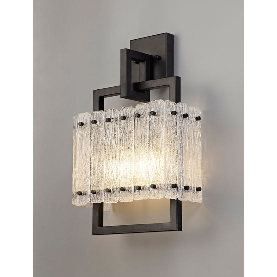 Selena Wall Lamp, 2 Light E27, Matt Black/Crystal Sand Glass