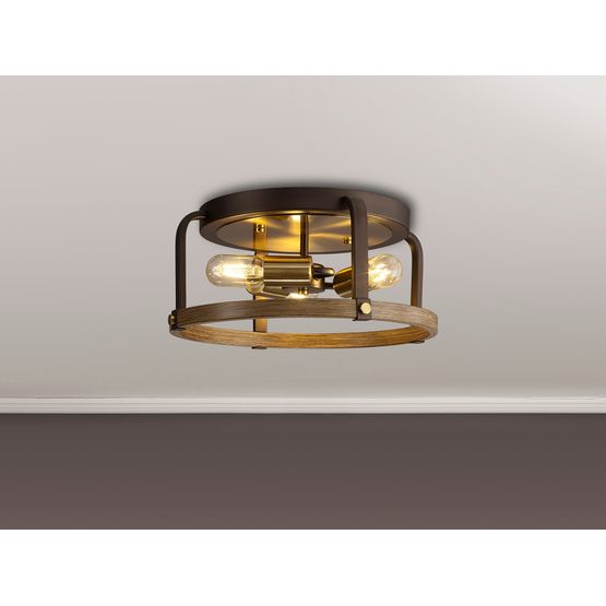 Lara Flush Round 3 Light E27, Antique Bronze / Brown Oxide / Wood