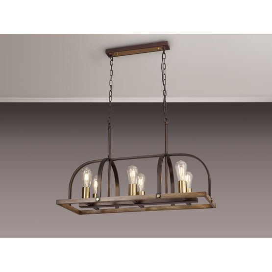 Lara Pendant/Semi Flush Oblong 6 Light E27, Antique Bronze / Brown Oxide / Wood