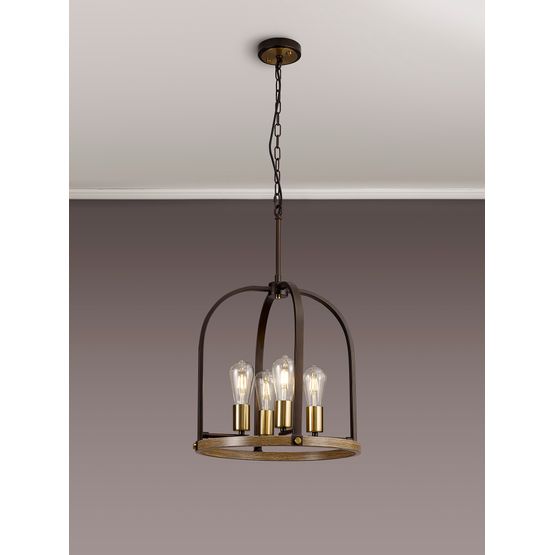 Lara Pendant/Semi Flush Round 4 Light E27, Antique Bronze / Brown Oxide / Wood