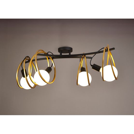 Lyra Double Ring Ceiling Flush, 4 Light E27, Matt Black / Painted Gold, G95/120 Lamp Recommended