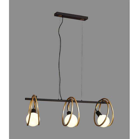 Lyra Double Ring Linear Pendant, 3 Light E27, Matt Black / Painted Gold, G95/120 Lamp Recommended