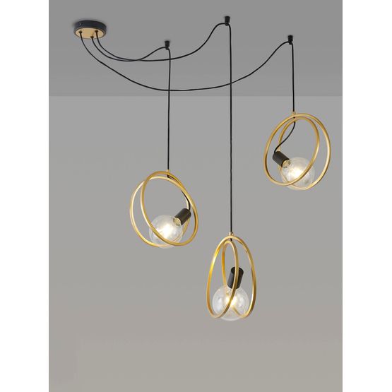 Lyra Double Ring Multi Pendant, 3 Light E27, Matt Black / Painted Gold, G95/120 Lamp Recommended