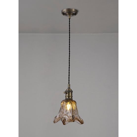Marion Switched Pendant 1.5m, 1 x E27, Antique Brass / Black Twisted Cable / Brown Flower Glass