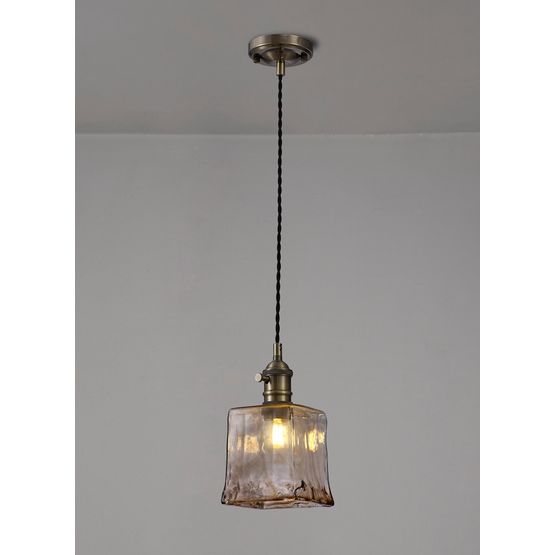 Marion Switched Pendant 1.5m, 1 x E27, Antique Brass / Black Twisted Cable / Brown Square Glass
