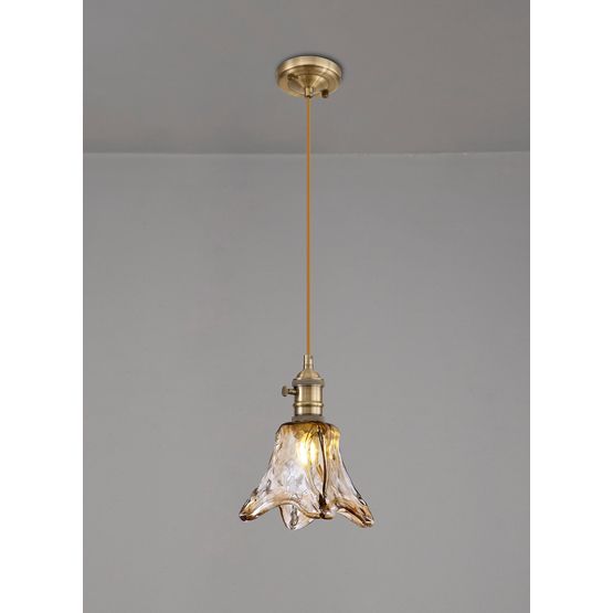 Marion Switched Pendant 1.5m, 1 x E27, Antique Brass / Golden Brown Braided Cable / Brown Flower Glass