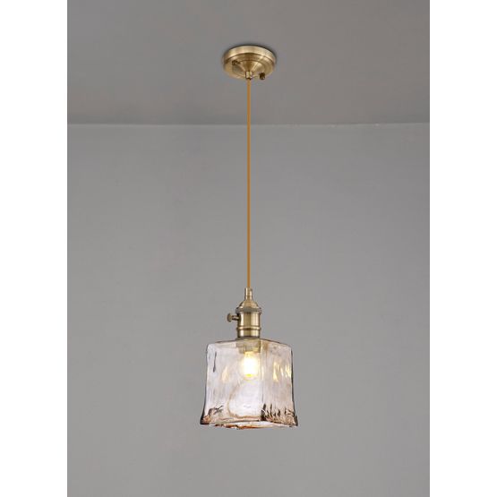 Marion Switched Pendant 1.5m, 1 x E27, Antique Brass / Golden Brown Braided Cable / Brown Square Glass