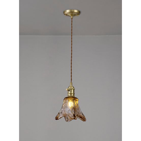 Marion Switched Pendant 1.5m, 1 x E27, Brass / Pale Gold Twisted Cable / Brown Flower Glass