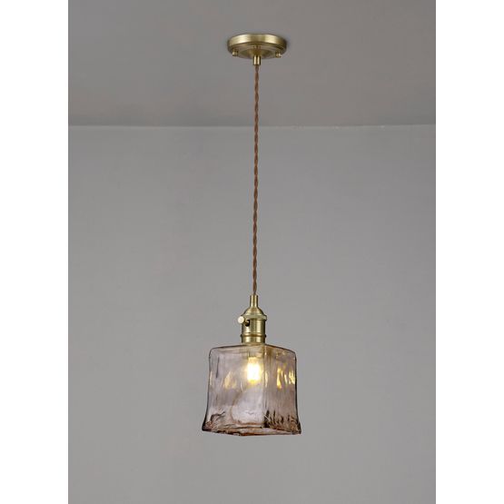 Marion Switched Pendant 1.5m, 1 x E27, Brass / Pale Gold Twisted Cable / Brown Square Glass
