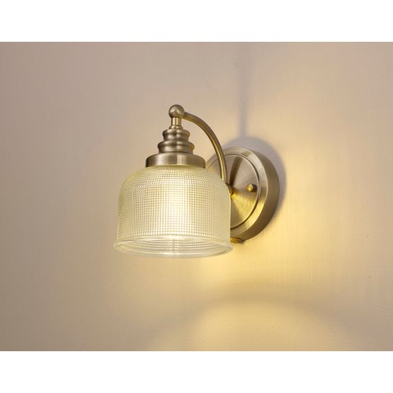 Shelby Switched 1 Light E27 Antique Brass / Prismatic Glass Wall Lamp