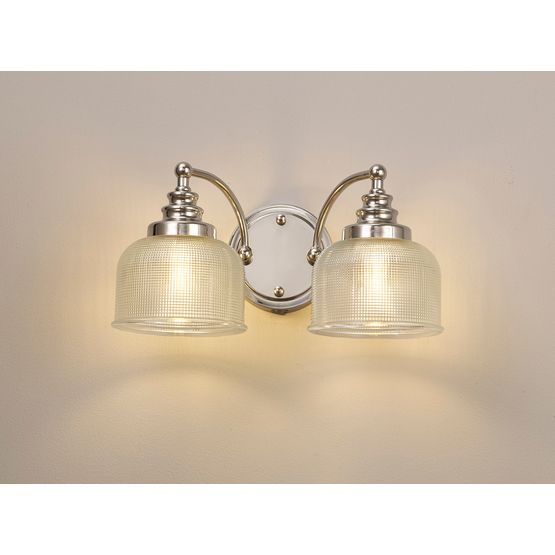 Shelby Switched Wall Lamp 2 Light E27 Polished Nickel / Prismatic Glass