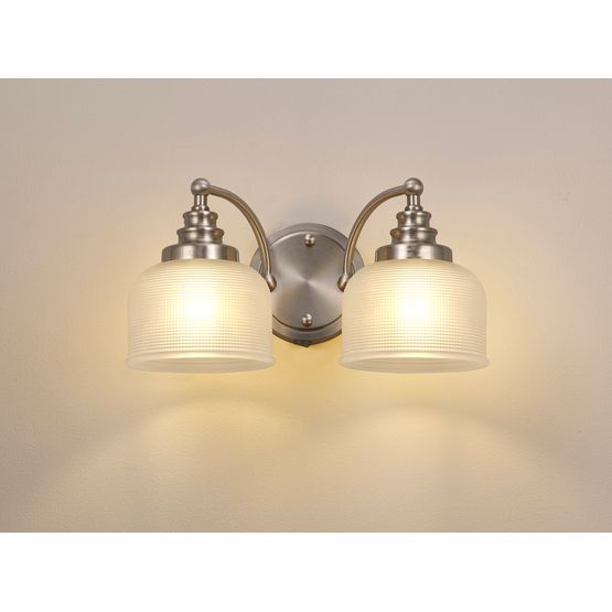 Shelby 2 Light E27 Satin Nickel / Frosted Glass Switched Wall Lamp