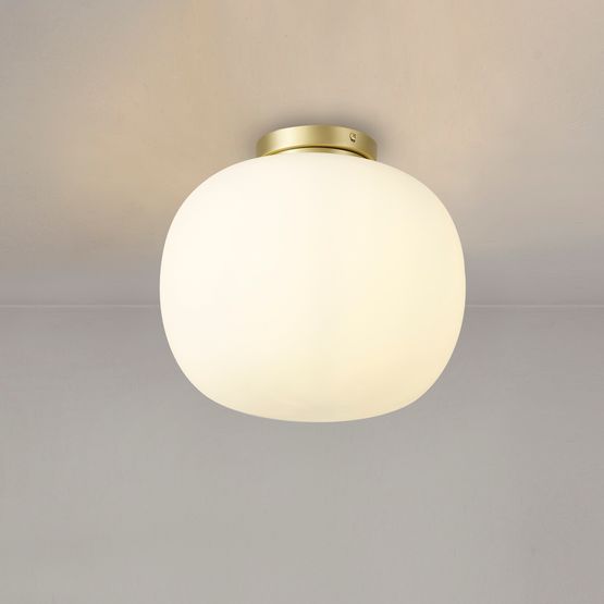 Shell Medium Oval Ball Flush Fitting 1 Light E27 Satin Gold Base With Frosted White Glass Globe