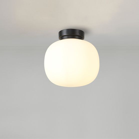 Shell Small Oval Ball Flush Fitting 1 Light E27 Matt Black Base With Frosted White Glass Globe