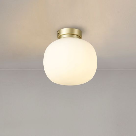 Shell Small Oval Ball Flush Fitting 1 Light E27 Satin Gold Base With Frosted White Glass Globe