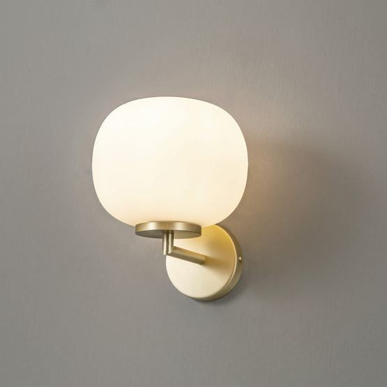 Shell Small Oval Ball Wall Light 1 Light E27 Satin Gold Base With Frosted White Glass Globe
