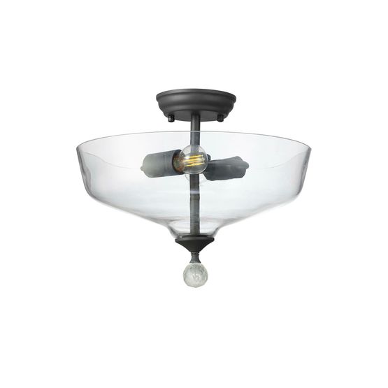 Talusia 2 Light Semi Flush Ceiling E27 With Flat Round 38cm Glass Shade Graphite/Clear