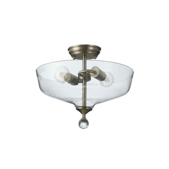Talusia 2 Light Semi Flush Ceiling E27 With Flat Round 38cm Glass Shade Satin Nickel/Clear