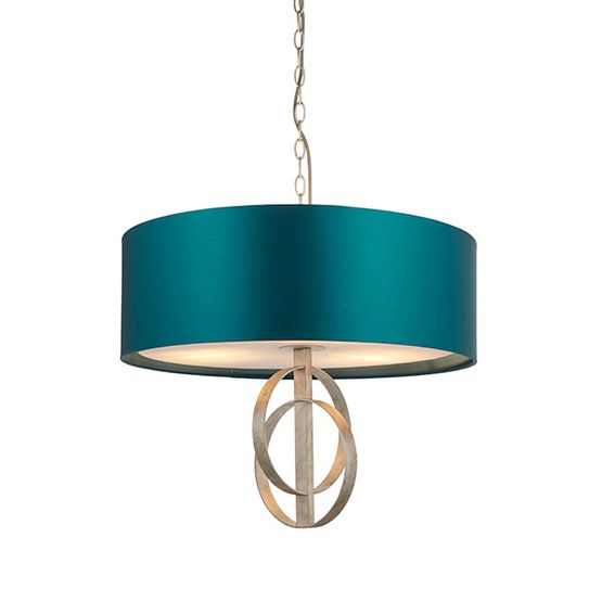 Aldwych 3 light Pendant Antique silver leaf &amp; teal satin fabric
