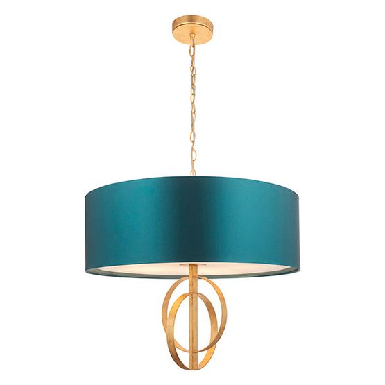 Aldwych 5 light Pendant Antique gold leaf &amp; teal satin fabric