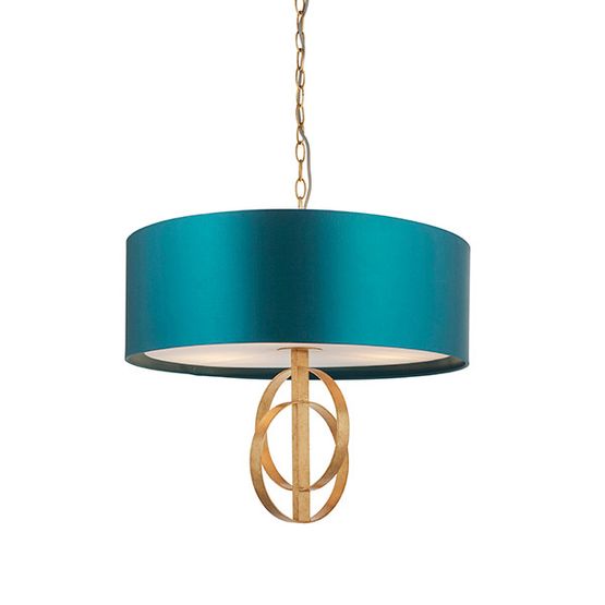Aldwych 3 light Pendant Antique gold leaf &amp; teal satin fabric