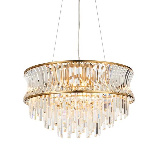 Bamford 9 Light Pendant Warm brass plate with crystal and clear glass
