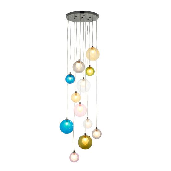 Barmouth 12 Light Pendant Black chrome plate &amp; multi coloured glass