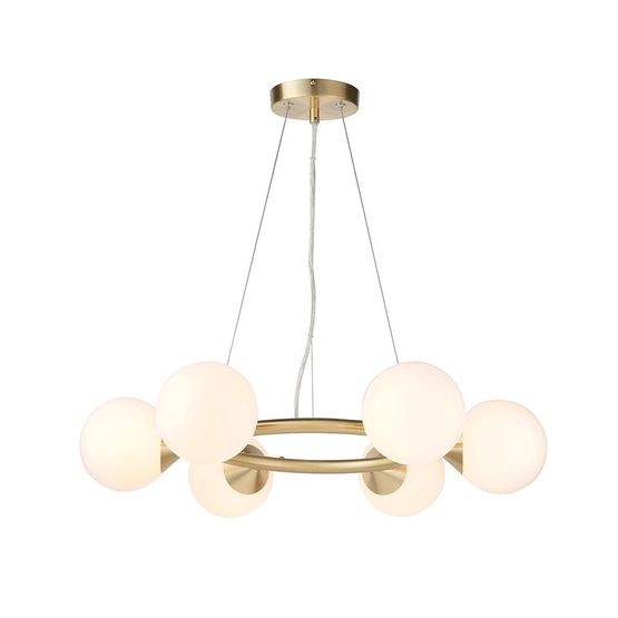 Elfordleigh 6 Light Pendant Satin brass plate &amp; gloss white glass