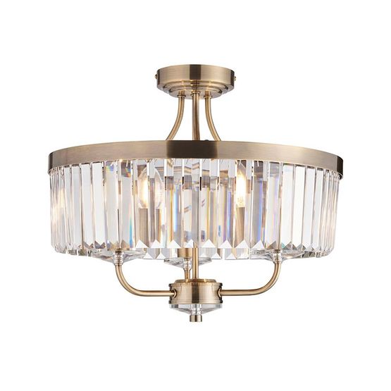 Kilbane 3 Light Semi Flush Antique brass plate &amp; clear cut glass