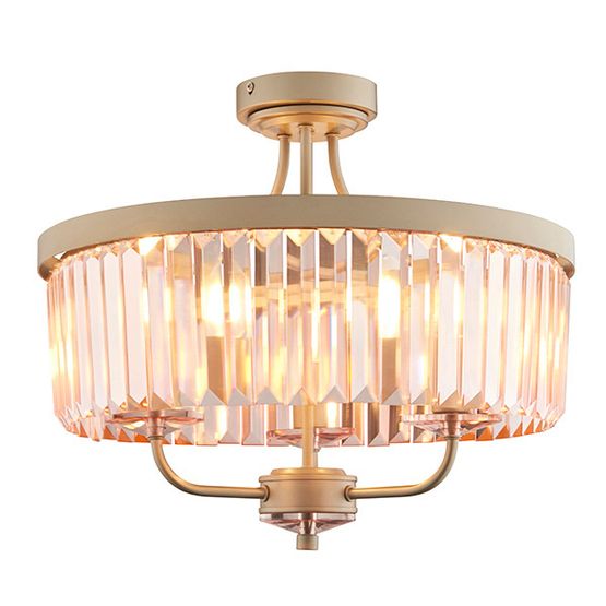Kelham 3 Light Semi Flush Champagne paint &amp; rose pink cut glass