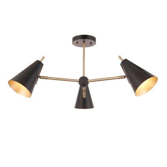 Lythe 3 Light Semi Flush Matt antique brass plate &amp; matt black
