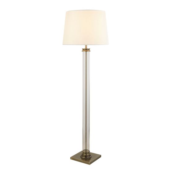Pedestal Floor Lamp - Antique Brass, Glass &amp; Cream Fabric