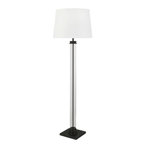Pedestal Floor Lamp- Black Metal, Glass &amp; White Fabric Shade