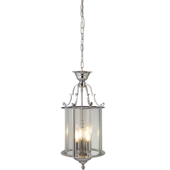 Bevelled Lantern 3Lt Pendant - Chrome Metal &amp; Clear Glass