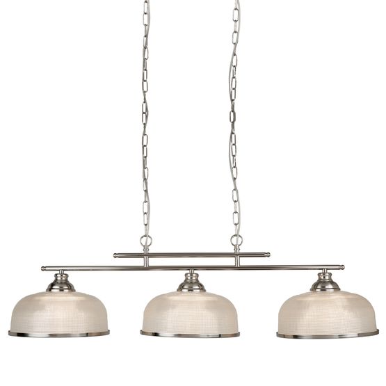 Bistro II 3Lt Pendant Light in Satin Silver &amp; Holophane Style Glass