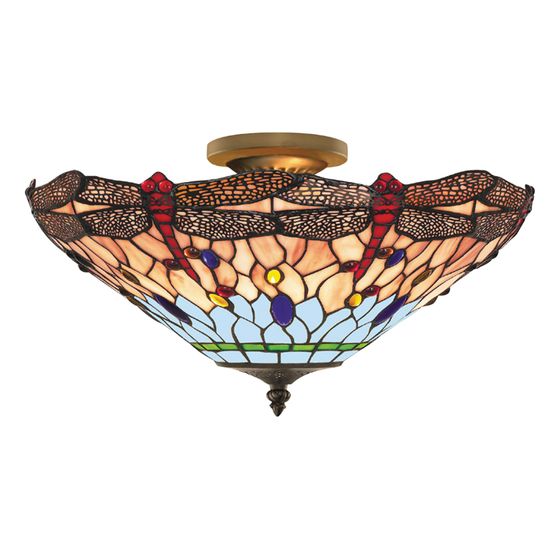 Dragonfly Semi-Flush - Antique Brass Metal &amp; Stained Glass